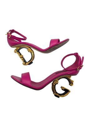 Dolce & Gabbana Baroque Gold DG Fuchsia Pink Leather Sandals Heels Size 37.5